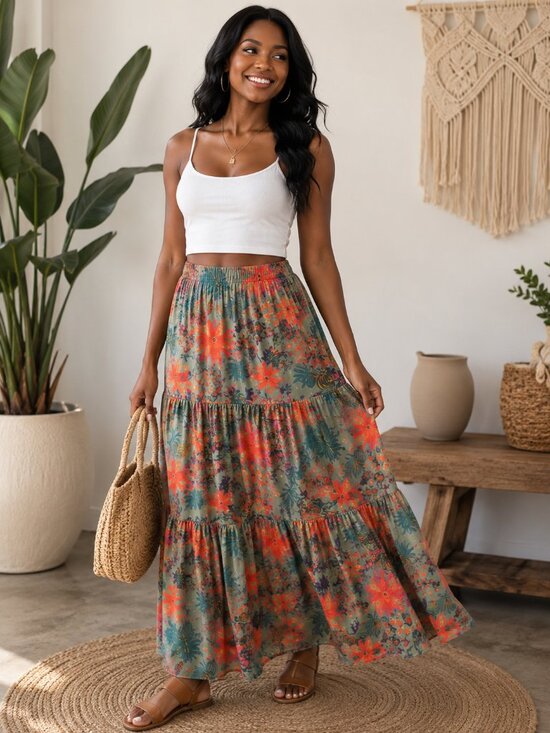NATURAL LIFE Dresses & Skirts - Floral Tiered Maxi Skirt - Olive & Coral
